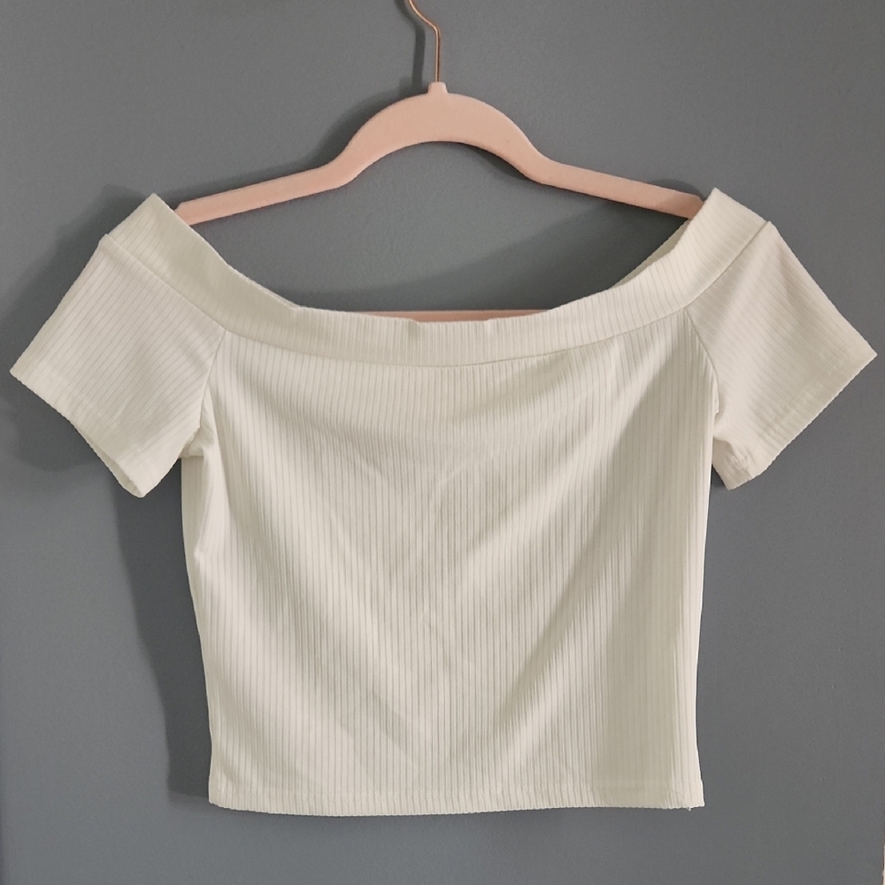 Off-Shoulder Ribbed White/ Cream Crop Top - Picture 2 of 5